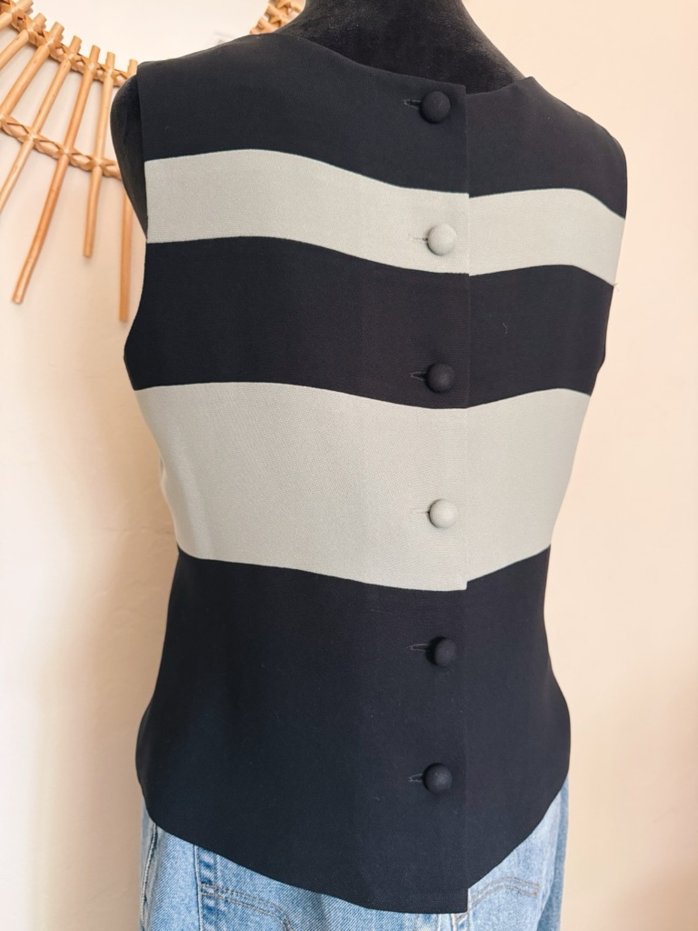 Casual Corner Black and Light Green Striped Sleeveless Tunic
